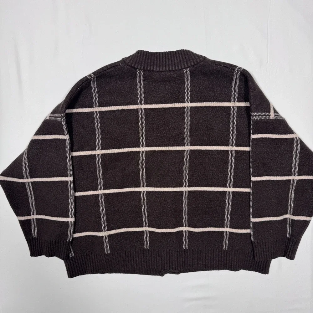 OAK + FORT Plaid Cardigan Brown Oversized M Dark Academia Minimalist Fall Office - Picture 9 of 10